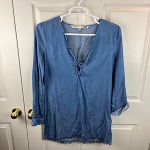 Lovers + Friends Denim Raw Hem Lace Up Dress Tencel Blue Size Medium